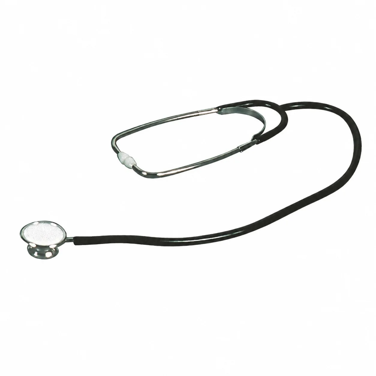 Med-Comfort standard stetoskop med svarta slangar, silverfärgat bröststycke och vita öronproppar.