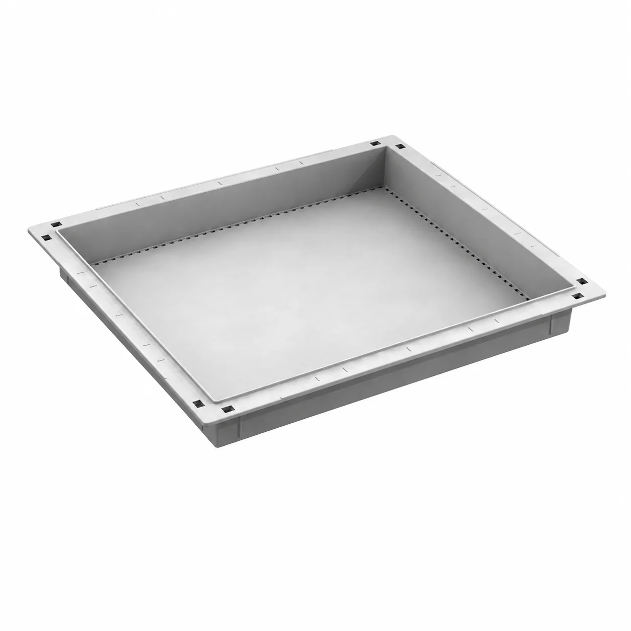 En grå FlexModul läkemedelslåda med spår för avdelare på en vit bakgrund.