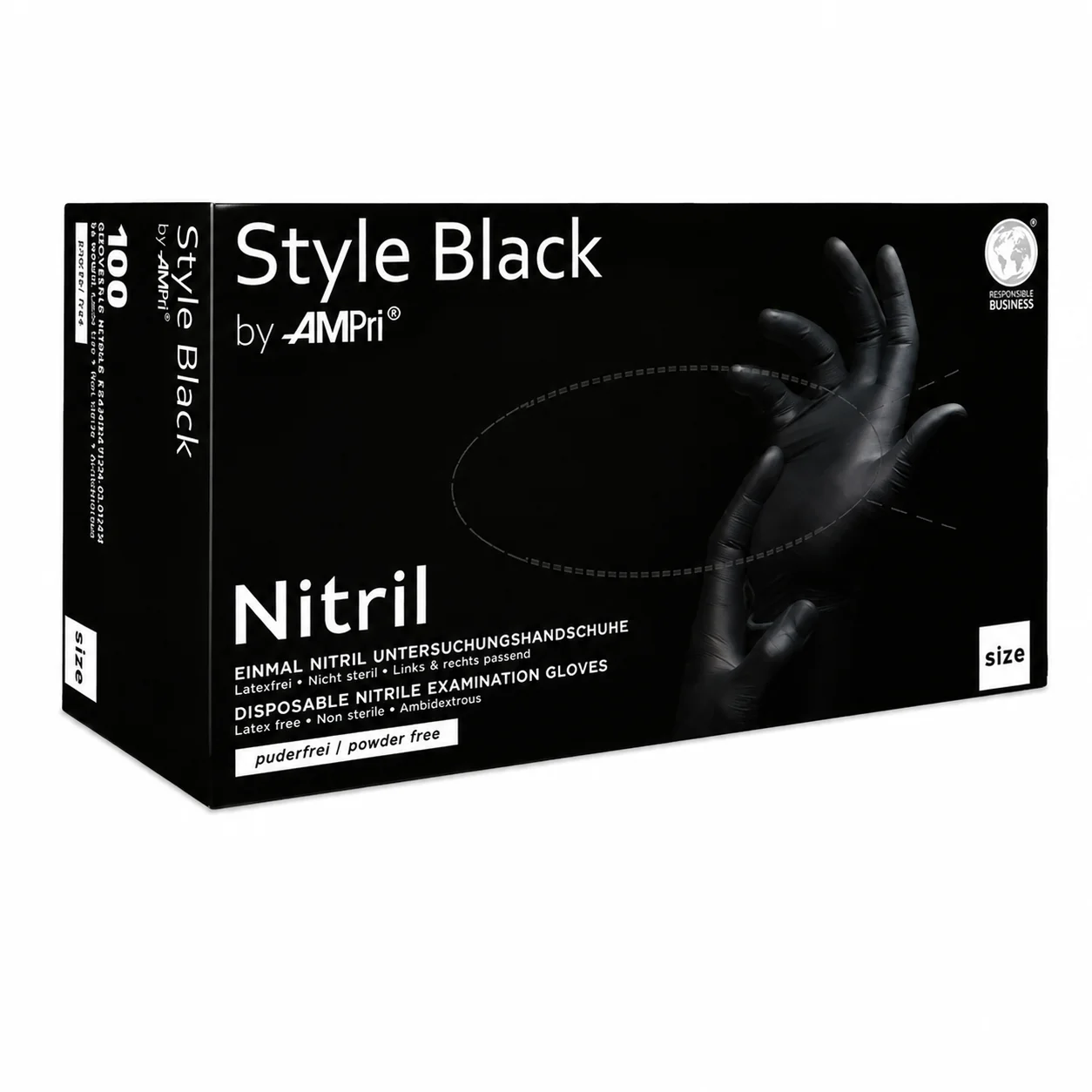 En svart förpackning med Style Black puderfria nitrilhandskar.