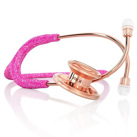 MDF 777 MD One stetoskop med glitterrosa slang och roséguldfärgade metalldelar.