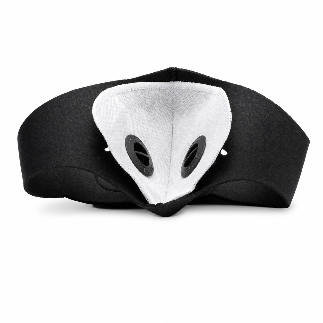 Insidan av en svart mask med vitt utbytbart filter för Sportmask FFP3 och två svarta ventiler.